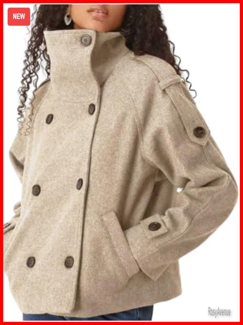 Wool Blend Cropped Pea Coat Double Breasted Short Trench Jacket